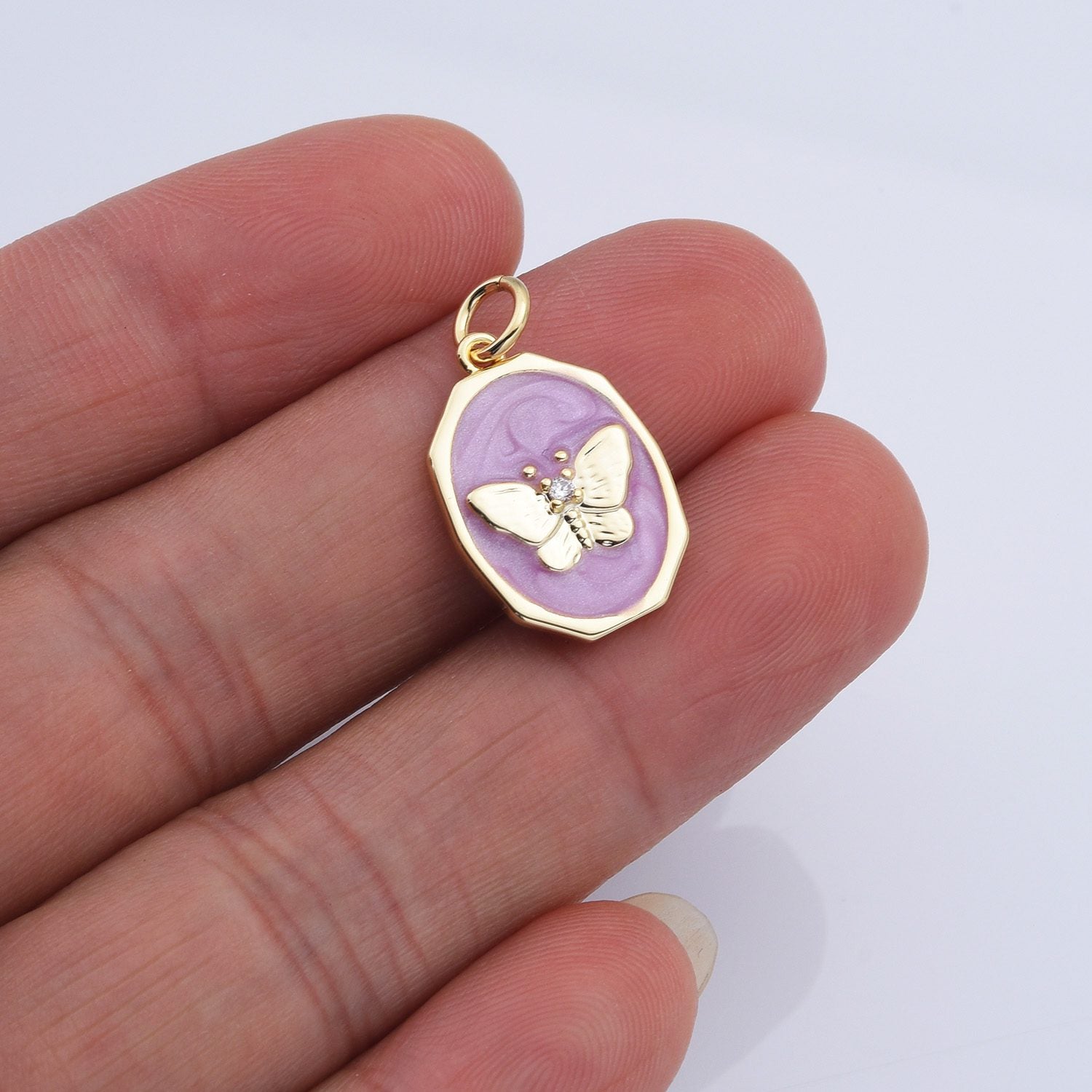 18K Gold Filled Dainty Oval Shape Butterfly Insect Charm, Purple Enamel Butterfly Pendant for Necklace Bracelet Jewelry Making Supply, CP2169