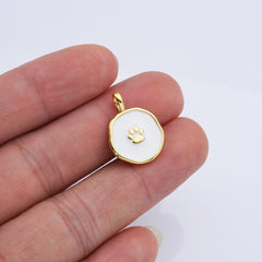 18K Gold Filled White Enamel Dog Cat Paw Print Charm, Paw Print Coin Pendant for Bracelet Necklace Earring Jewelry Making Supply, CP2170