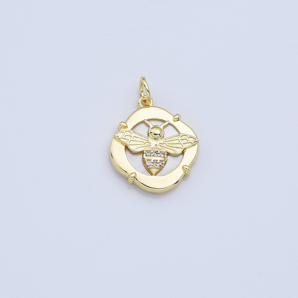 18K Gold Filled Dainty Queen Bee Pearl Charm, Bumble Bee CZ Micro Pave Insect Stamped Quatrefoil Round Pendant, MOP Bee Charm, CP2171