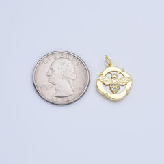 18K Gold Filled Dainty Queen Bee Pearl Charm, Bumble Bee CZ Micro Pave Insect Stamped Quatrefoil Round Pendant, MOP Bee Charm, CP2171
