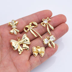 18K Gold Filled Dainty Ribbon Bow Charm, Ribbon Bow Pendant CZ Micro Pave for Necklace Bracelet Earring Jewelry Making Supply, CP2172