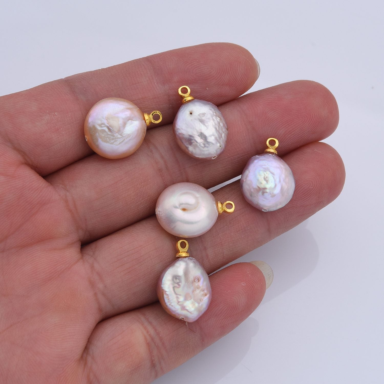 18K Gold Filled Natural White Freshwater Pearl Flat Round Charm, Freshwater Flat Baroque Pearl Charm Pendant, CP2187