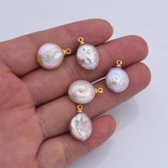18K Gold Filled Natural White Freshwater Pearl Flat Round Charm, Freshwater Flat Baroque Pearl Charm Pendant, CP2187
