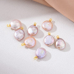 18K Gold Filled Natural White Freshwater Pearl Flat Round Charm, Freshwater Flat Baroque Pearl Charm Pendant, CP2187