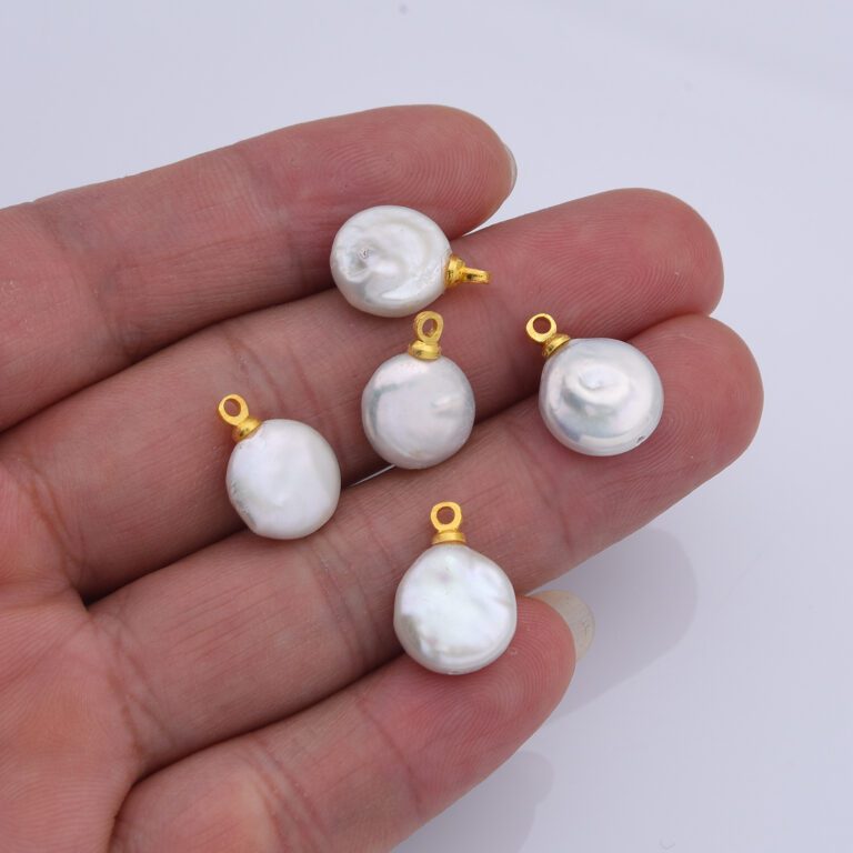 18K Gold Filled Natural White Freshwater Pearl Flat Round Charm, Freshwater Flat Baroque Pearl Charm Pendant, CP2189