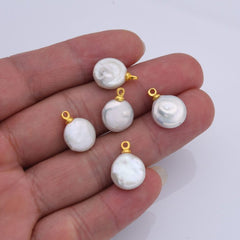 18K Gold Filled Natural White Freshwater Pearl Flat Round Charm, Freshwater Flat Baroque Pearl Charm Pendant, CP2189