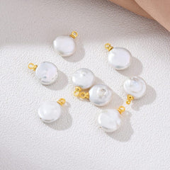 18K Gold Filled Natural White Freshwater Pearl Flat Round Charm, Freshwater Flat Baroque Pearl Charm Pendant, CP2189