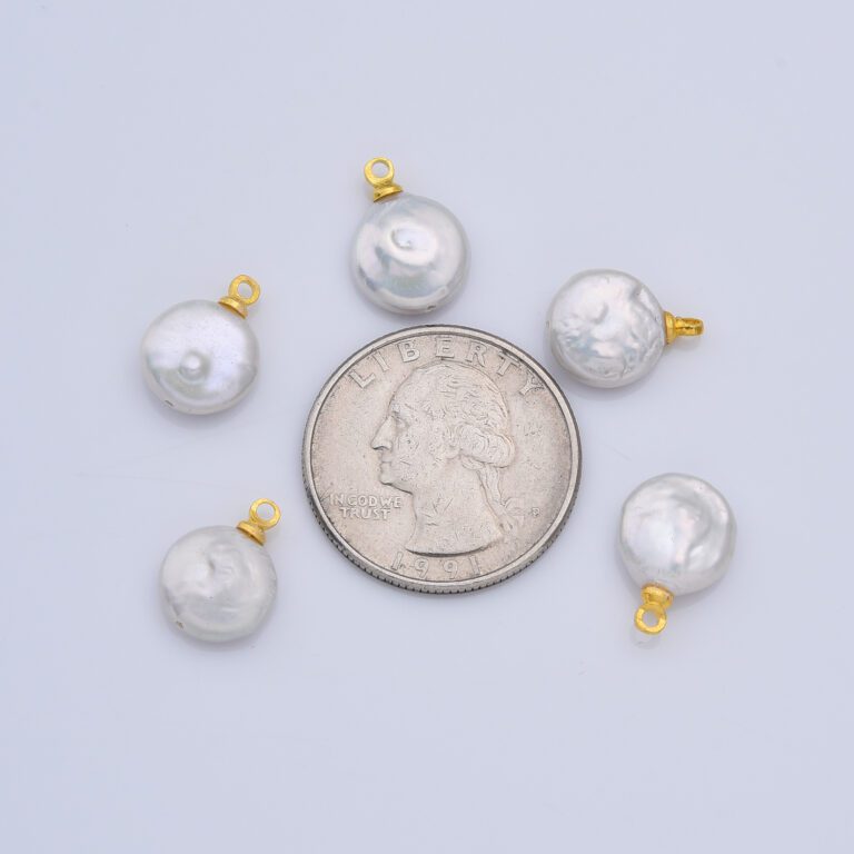 18K Gold Filled Natural White Freshwater Pearl Flat Round Charm, Freshwater Flat Baroque Pearl Charm Pendant, CP2189