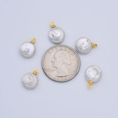 18K Gold Filled Natural White Freshwater Pearl Flat Round Charm, Freshwater Flat Baroque Pearl Charm Pendant, CP2189