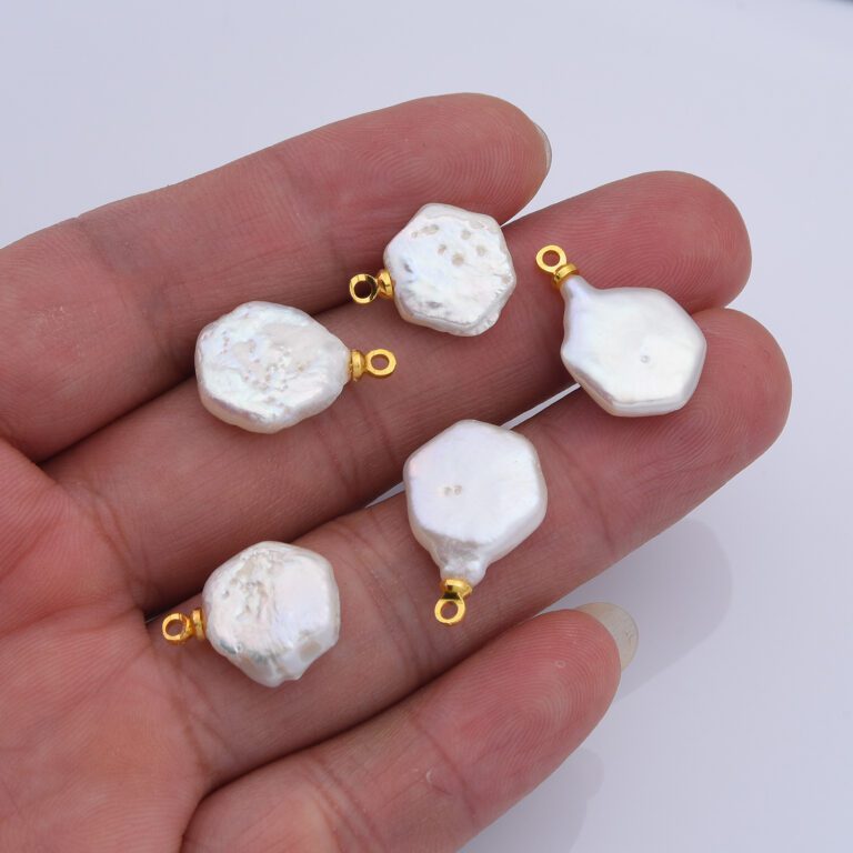 18K Gold Filled Natural White Freshwater Pearl Flat Round Charm, Freshwater Flat Baroque Pearl Charm Pendant, CP2192