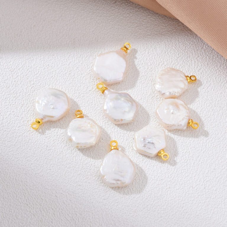 18K Gold Filled Natural White Freshwater Pearl Flat Round Charm, Freshwater Flat Baroque Pearl Charm Pendant, CP2192