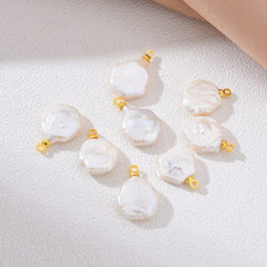 18K Gold Filled Natural White Freshwater Pearl Flat Round Charm, Freshwater Flat Baroque Pearl Charm Pendant, CP2192