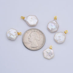 18K Gold Filled Natural White Freshwater Pearl Flat Round Charm, Freshwater Flat Baroque Pearl Charm Pendant, CP2192