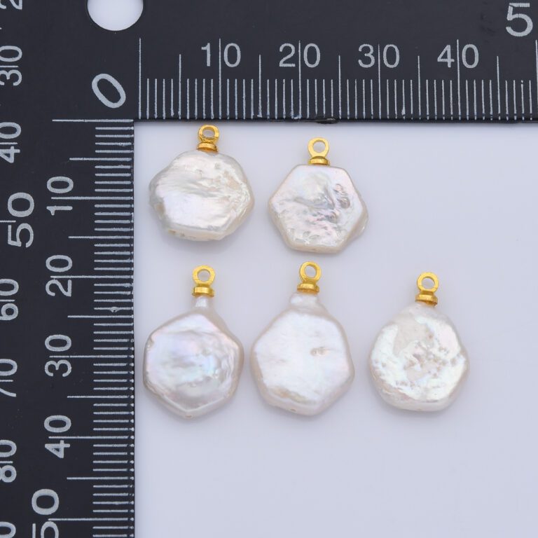 18K Gold Filled Natural White Freshwater Pearl Flat Round Charm, Freshwater Flat Baroque Pearl Charm Pendant, CP2192