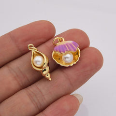 18K Gold Filled Open Clam Pearl Shell Charm, Sea Shell Conch Pearl Pendant, Ocean Snail Shell Charm, DIY Fashion Jewelry, CP2195