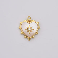 18K Gold Filled Dainty Heart Star Pearl Charm, MOP Heart Pendant Pave CZ Celestial Sunburst Pendant Jewelry Making, CP2198