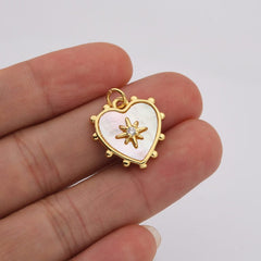 18K Gold Filled Dainty Heart Star Pearl Charm, MOP Heart Pendant Pave CZ Celestial Sunburst Pendant Jewelry Making, CP2198