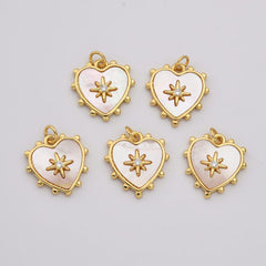 18K Gold Filled Dainty Heart Star Pearl Charm, MOP Heart Pendant Pave CZ Celestial Sunburst Pendant Jewelry Making, CP2198