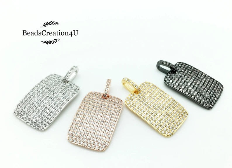 18K Gold Filled Dog Tag Charm, CZ Micro Pave Rectangle Pendant/Charm, Pave Dog Tag, Rectangular Dog Tag, 27x18mm, CP254