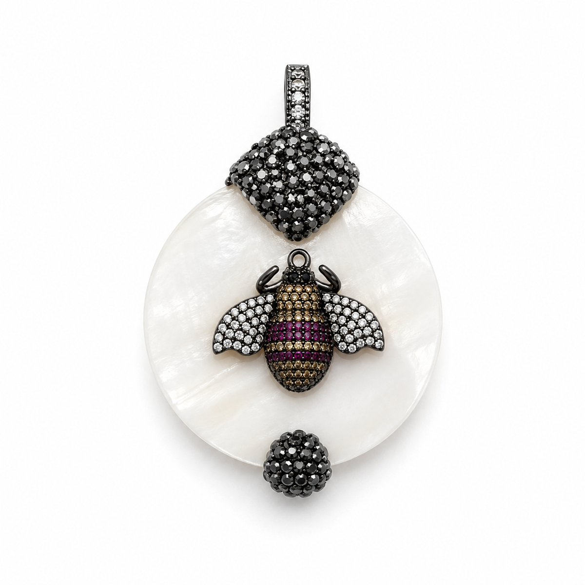 Crystal CZ Mother of Pearl Shell Pendant with Interchangeable Bail, Pave CZ Bee Evil Eye Fly Charm, Statement Jewelry, Gift for Her, CP2508