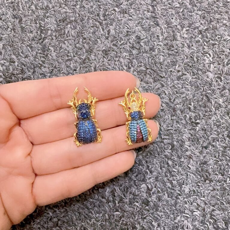 18K Gold Filled Sapphire and Pastel Blue CZ BEETLE Inspired Charm, CZ Micro Pave Scarab Beetle Pendant, Cubic Zirconia, Bug Charm, Pave Charm 30x16mm|CP293