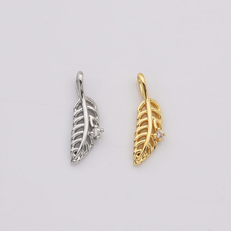 18K Gold Filled Gold Feather Charm Pendant, CZ Micro Pave Feather/Leaf Charms, 17X6MM I CP386