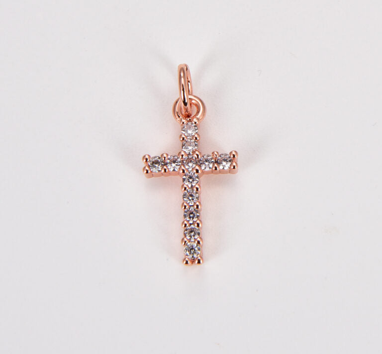 18K Gold Filled Clear Crystal Cross Charm Pendant, 19x9mm, CP434