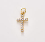18K Gold Filled Clear Crystal Cross Charm Pendant, 19x9mm, CP434