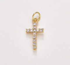 18K Gold Filled Clear Crystal Cross Charm Pendant, 19x9mm, CP434