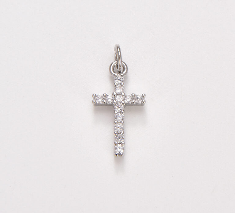 18K Gold Filled Clear Crystal Cross Charm Pendant, 19x9mm, CP434