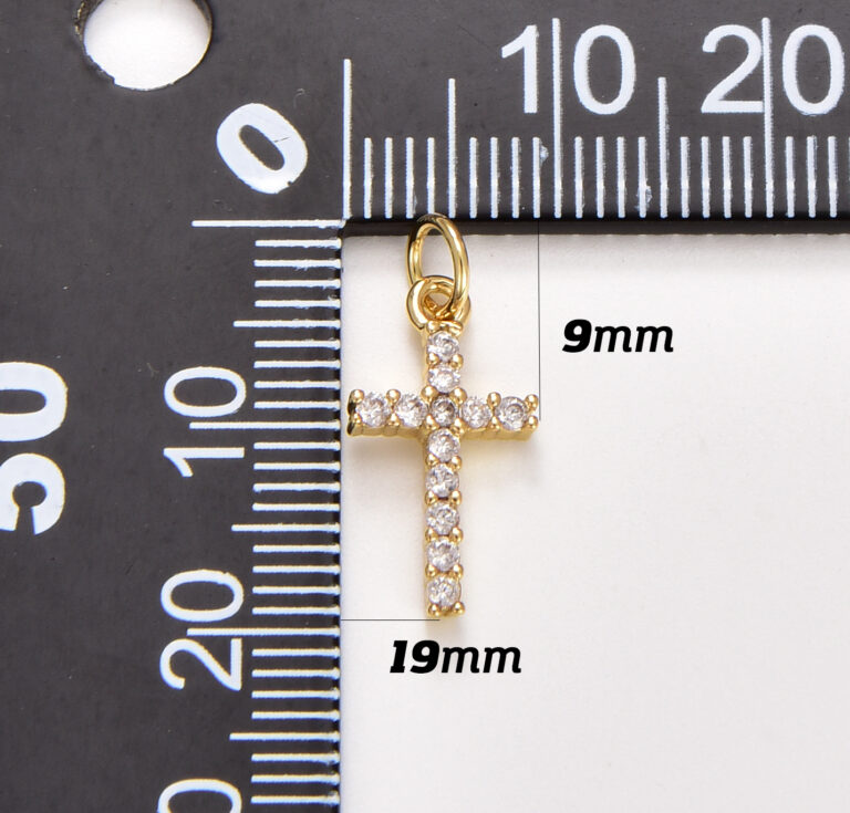 18K Gold Filled Clear Crystal Cross Charm Pendant, 19x9mm, CP434