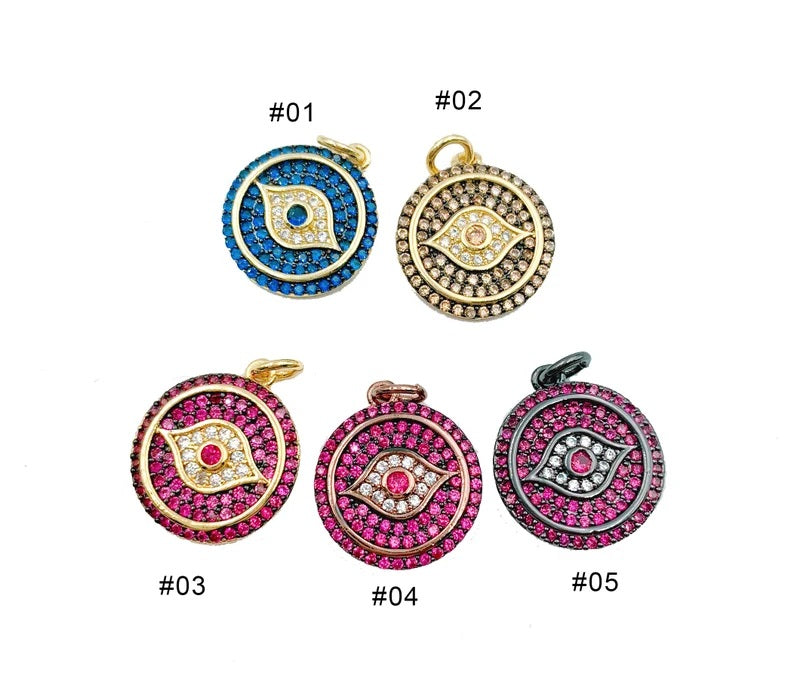 18K Gold Filled Evil Eye Pendant, Micro Pave CZ Round Evil Eye Pendant Charm, Evil Eye Micro Pave CZ Pendant Charm for DIY Jewelry, CP509