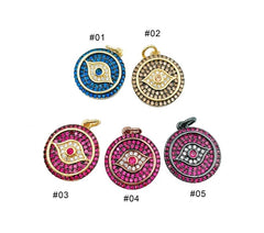 18K Gold Filled Evil Eye Pendant, Micro Pave CZ Round Evil Eye Pendant Charm, Evil Eye Micro Pave CZ Pendant Charm for DIY Jewelry, CP509