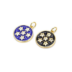 18K Gold Filled Over Brass Disc Pendant, Enamel Star Charm, Star Coin Pendant, Starburst Pendant, Pave Connector, Jewelry Making, CP517