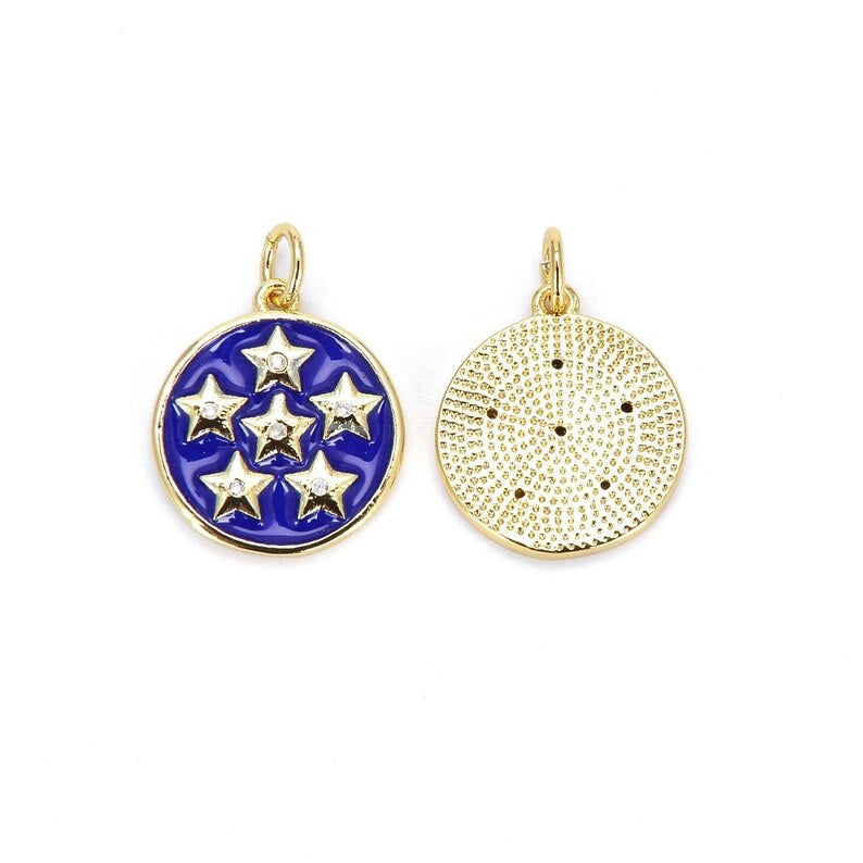 18K Gold Filled Over Brass Disc Pendant, Enamel Star Charm, Star Coin Pendant, Starburst Pendant, Pave Connector, Jewelry Making, CP517