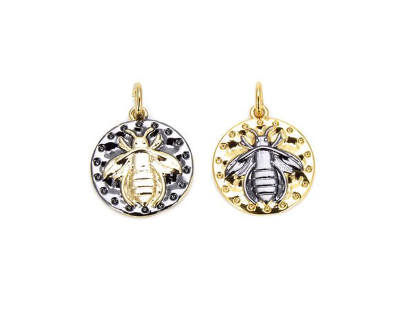 18K Gold Filled Bee Charm, Medallion Insects on Round Coin Pendant, Bee Coin Pendant, Dual Tone Medallion Charm, 20x15mm, CP518