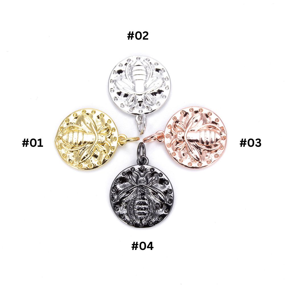 18K Gold Filled Bee Charm, Medallion Insects on Round Coin Pendant, Bee Coin Pendant, Dual Tone Medallion Charm, 20x15mm, CP518