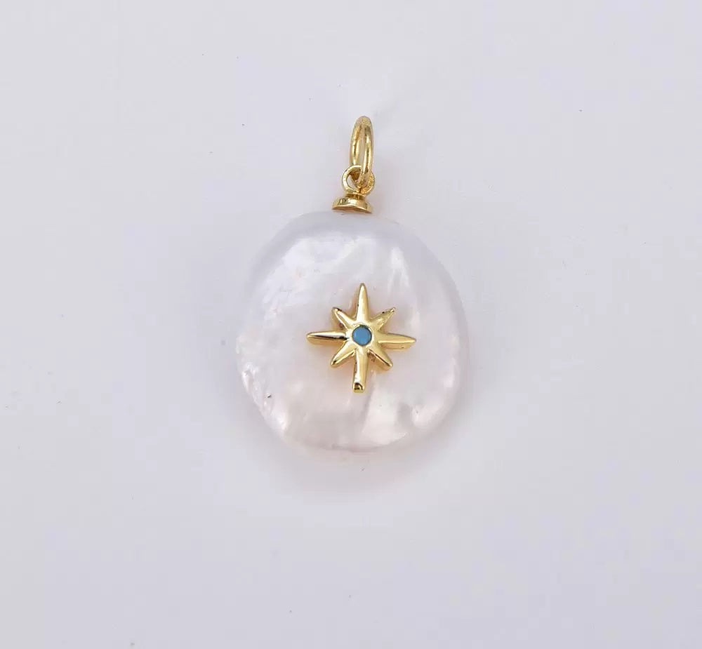 18K Gold Filled Freshwater Pearl Star with Turquoise CZ Charm Pendant, CZ Micro Pave Star Pendant, Starburst Charm, 18x15mm, CP532