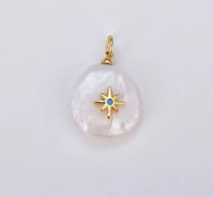 18K Gold Filled Freshwater Pearl Star with Turquoise CZ Charm Pendant, CZ Micro Pave Star Pendant, Starburst Charm, 18x15mm, CP532