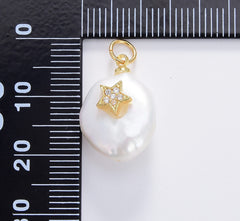 18K Gold Filled Fresh Water Pearl Star, Pearl Star Pendant, Dainty Star Charm, Micro Pave Star, Pearl Star, Charm, DIY Jewelry Making, 20x13mm, CP537