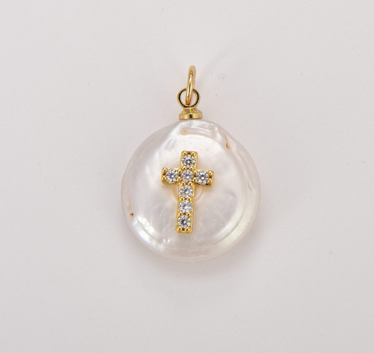 18K Gold Filled Fresh Water Pearl Cross, Tiny Cross Charm, Faith Charm, Micro Pave Cross Pendant, Pave Findings, DIY, Jewelry Making, 23x16mm, CP541