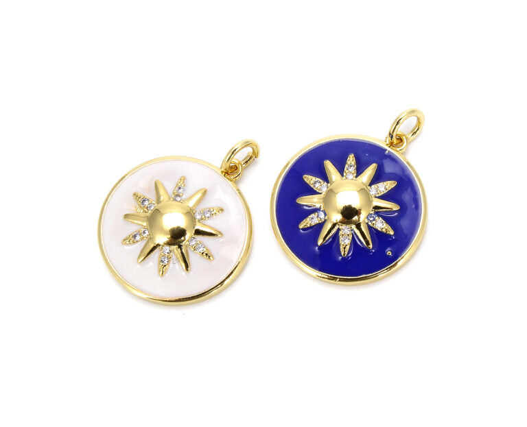 18K Gold Filled Sunburst Enamel Charm, Starburst Necklace, Enameled Pendant, Sun Pendant, Micro Pave Sun Charm, DIY, 22x18mm, CP555