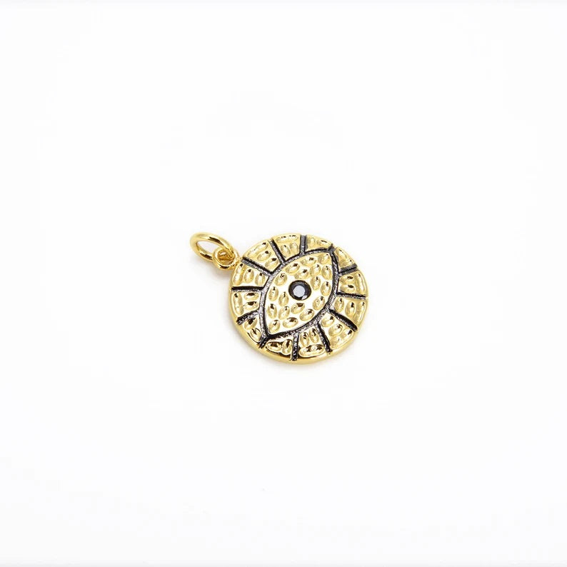 24K Gold Filled Evil Eye Charm Gold Round Evil Eye Pendant, Cubic Zirconia Medallion, Religious Micro Pave Necklace Charm 20x15mm, CP557