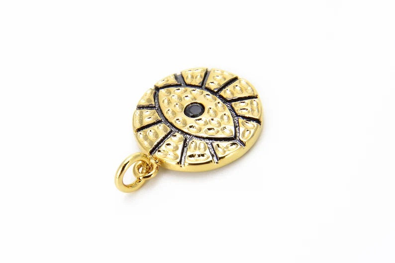 24K Gold Filled Evil Eye Charm Gold Round Evil Eye Pendant, Cubic Zirconia Medallion, Religious Micro Pave Necklace Charm 20x15mm, CP557