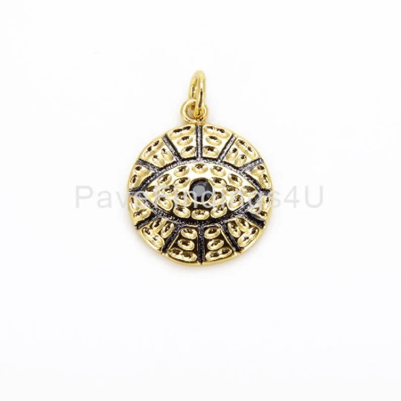 24K Gold Filled Evil Eye Charm Gold Round Evil Eye Pendant, Cubic Zirconia Medallion, Religious Micro Pave Necklace Charm 20x15mm, CP557