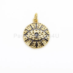 24K Gold Filled Evil Eye Charm Gold Round Evil Eye Pendant, Cubic Zirconia Medallion, Religious Micro Pave Necklace Charm 20x15mm, CP557