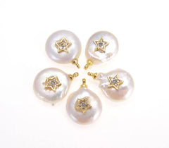 18K Gold Filled Pearl White Round Pearls, Micro Pave Star Charm Pearl Drop Bracelet Pearl Bead, Gold Filled Findings 17x12mm, CP607