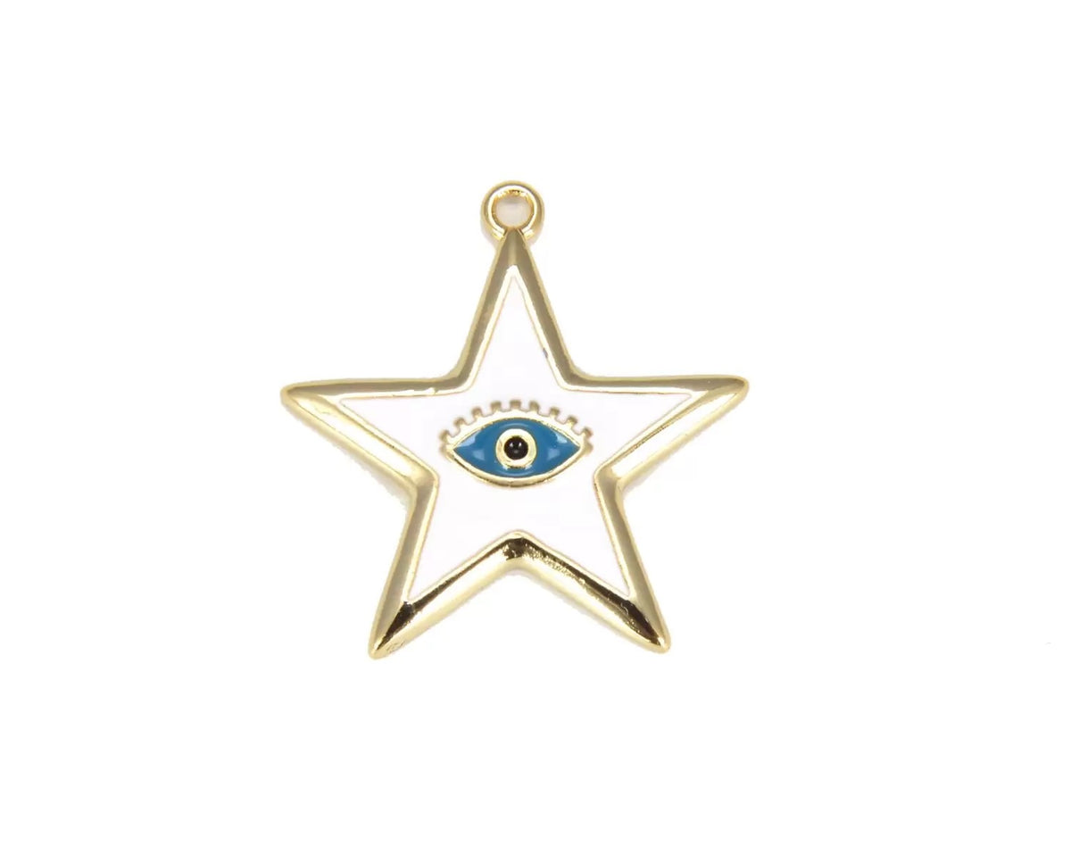 18K Gold Filled White Enamel Evil Eye Star Charm Pendant, Enamel Star Pendant, Evil Eye Necklace, Star Pendant, Star Charm, 24x22mm, CP647