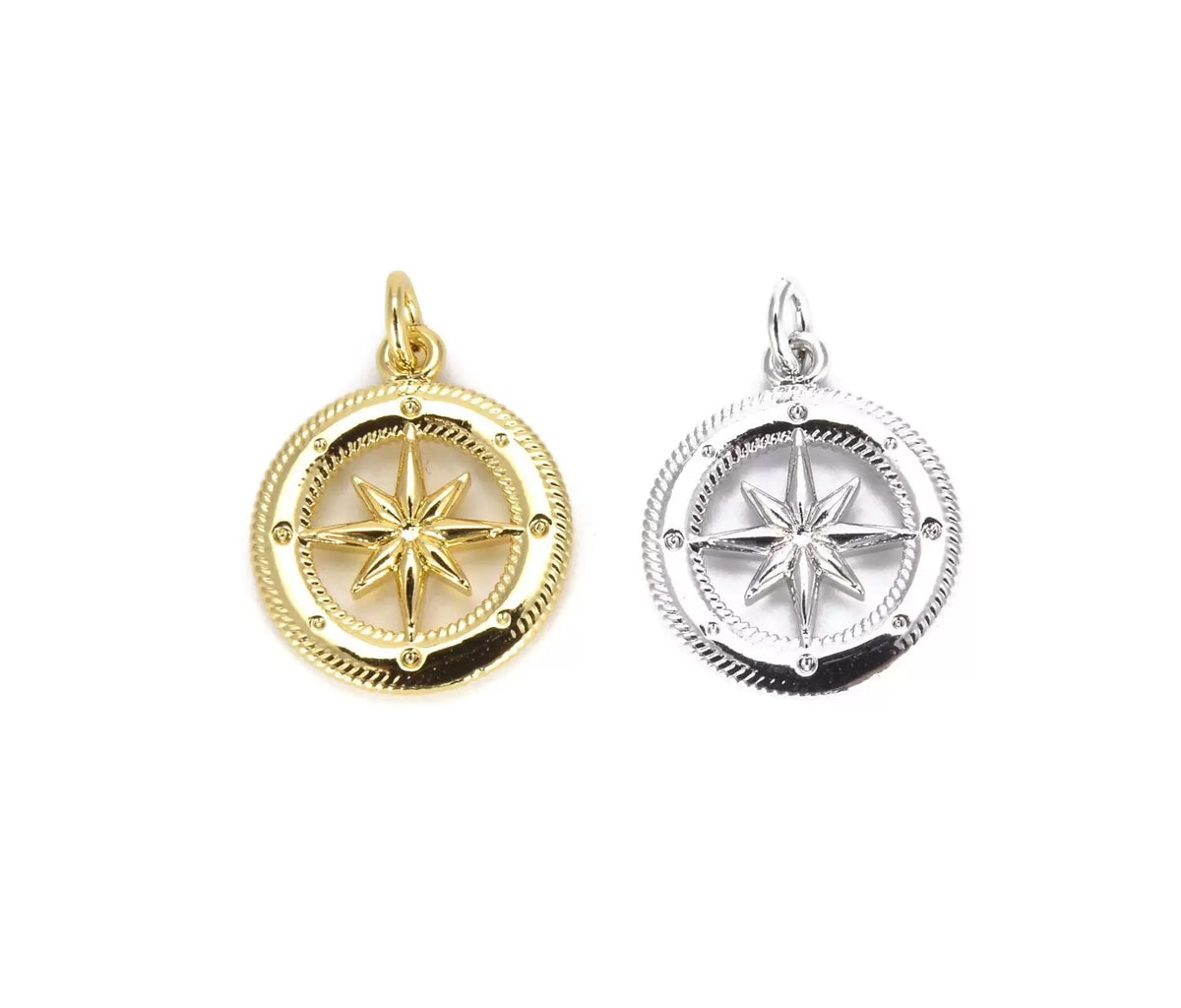 18K Gold Filled Round Compass Charm/Pendant, Starburst Charm, Star Necklace, North Star Charm, Starburst Charm, Gold Compass, 21x16mm, CP666