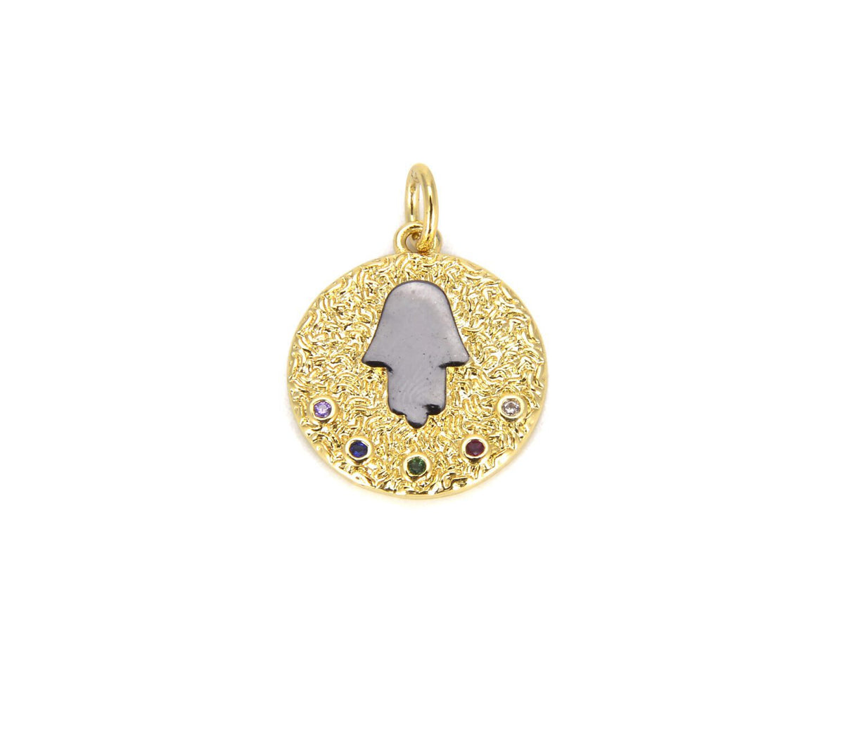 22K Gold Filled Coin Hamsa Charm, CZ Micro Pave Round Hamsa Hand Charm, Multiple CZ Hamsa Pendant, Hand Of Fatima Charm, 20x15mm, CP669